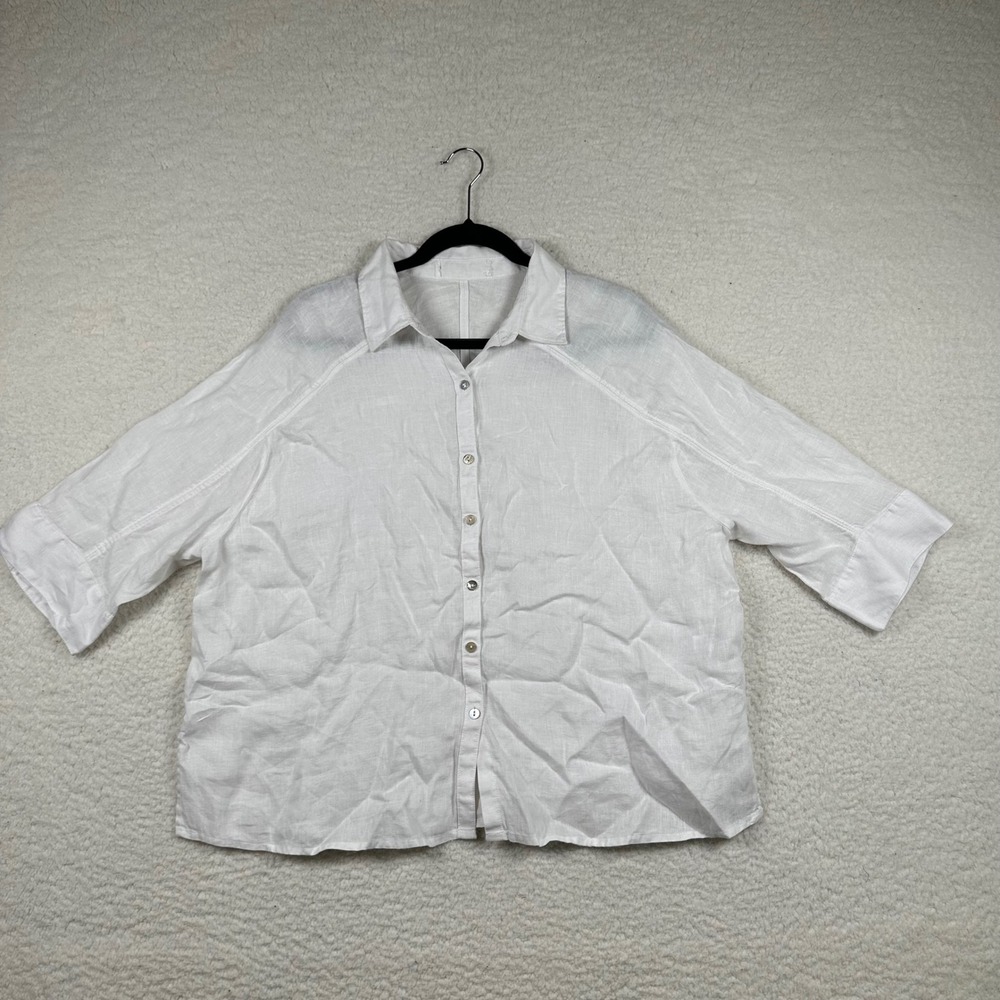 Linen Button Down Shirt Womens Relaxed 3/4 Sleeve Sz 2 White Coastal Oversize